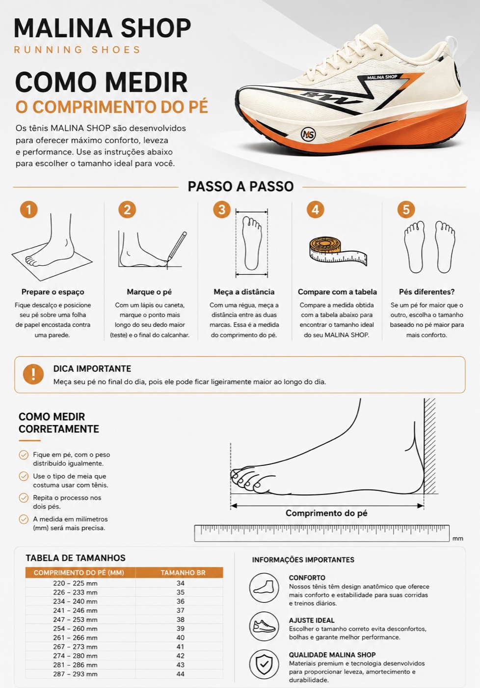 Como medir o comprimento do pé — passo a passo e tabela de tamanhos BR da malina-shop